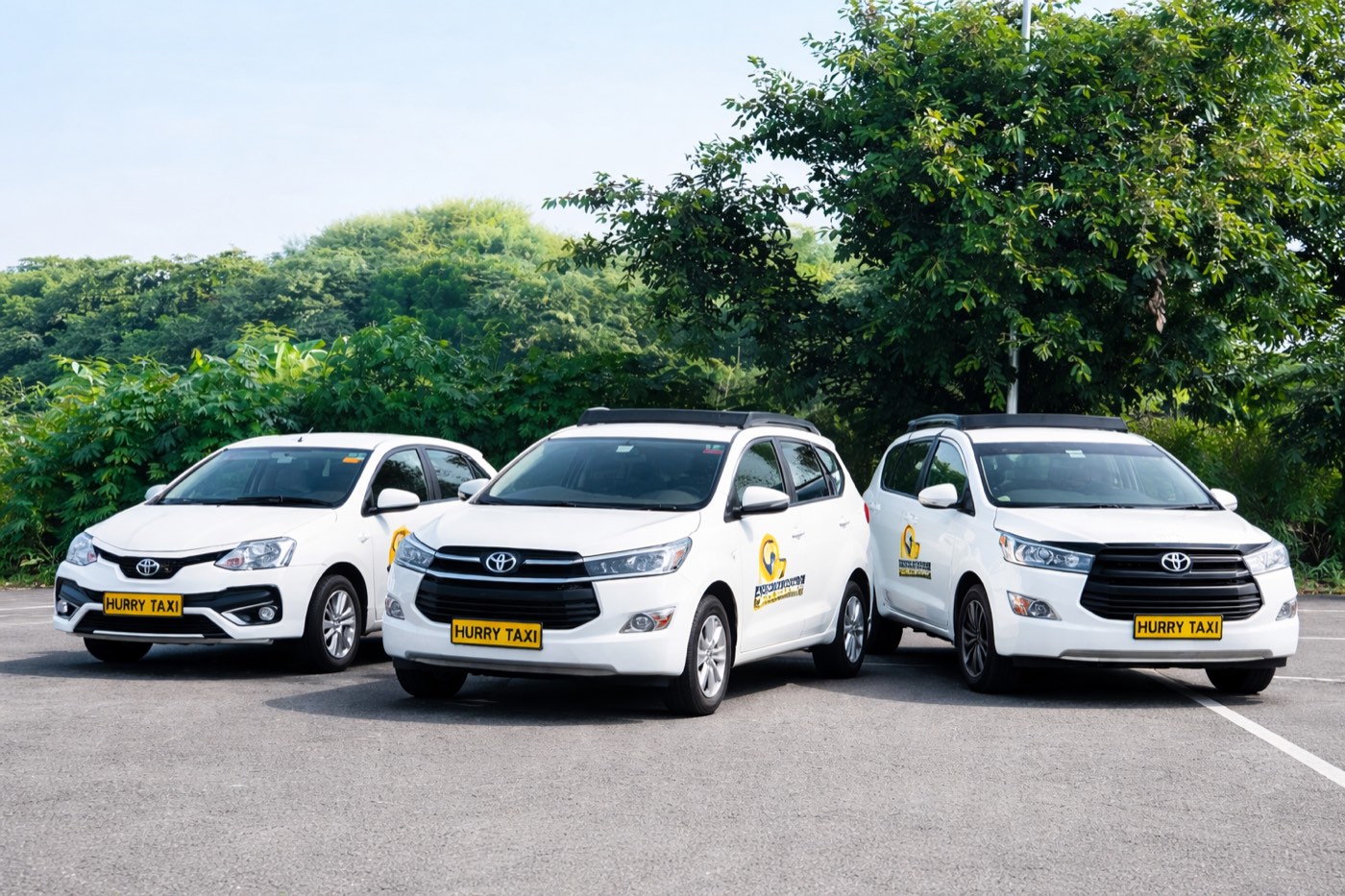 Hurry Taxi fleet of Etios and Innova cars parked in Ayodhya